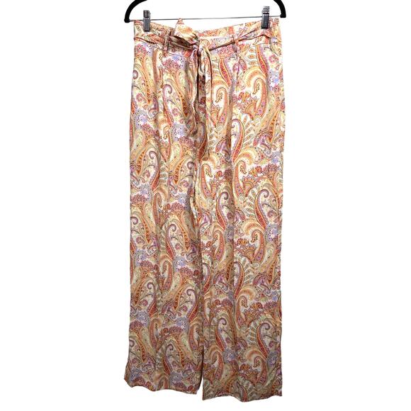 MNG Mango Nora Wide Leg Orange Paisley Print Tie Belt Women's Pants Casual - Picture 2 of 10